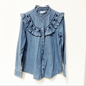 And Other Stories denim ruffle detail button down